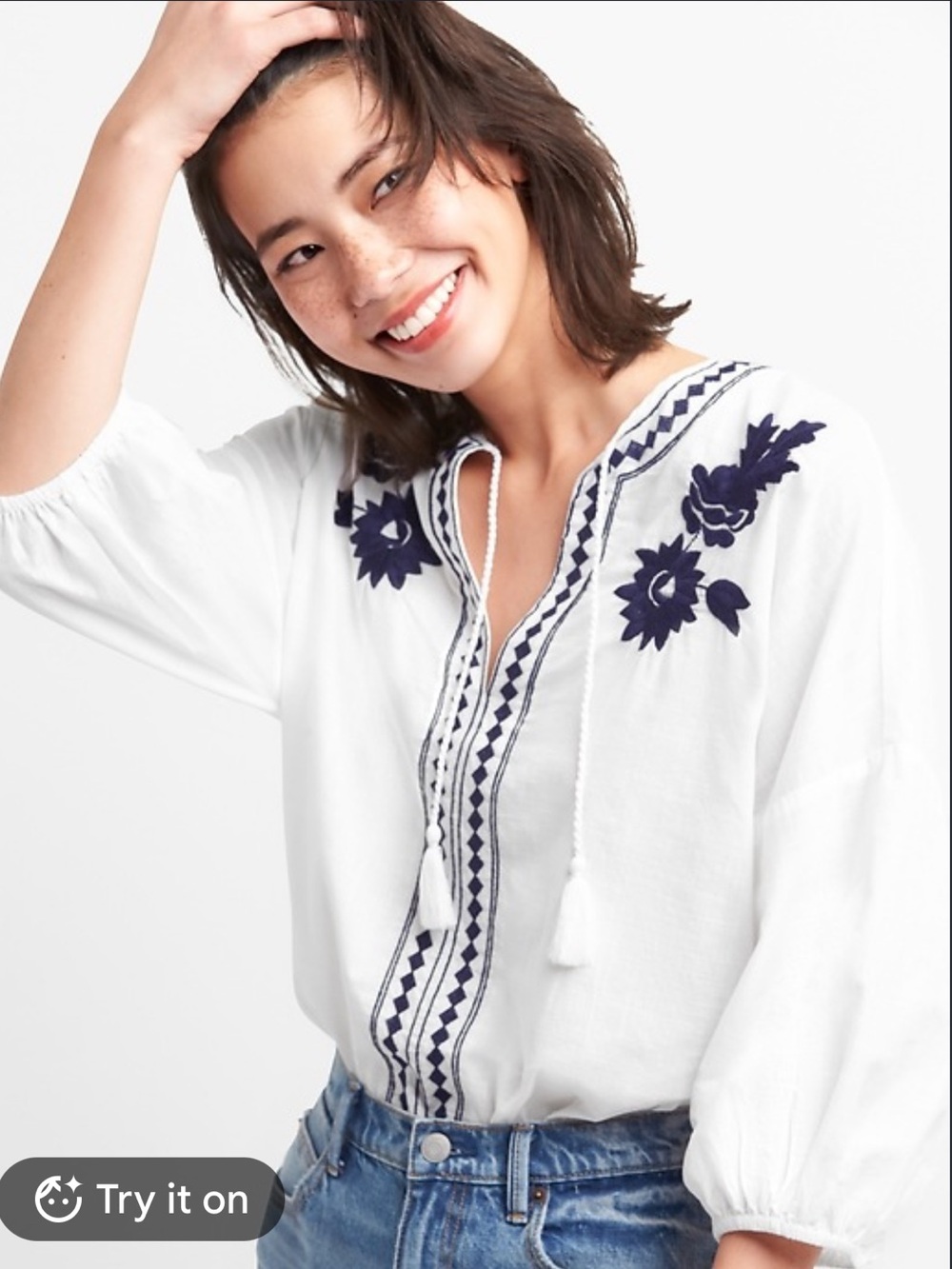 GAP Embroidered White Peasant Blouse with Navy Floral Detail